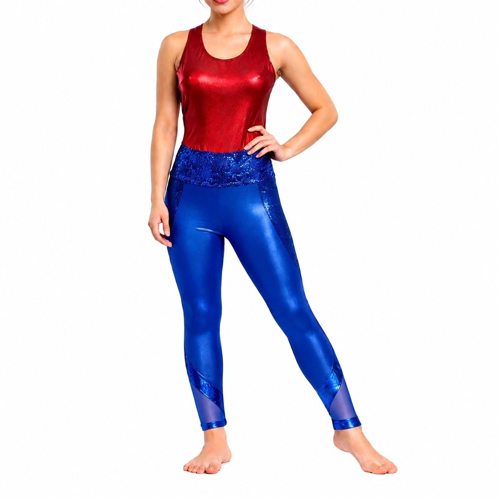 Balera 4th of July Dance Costume Adult Small Metallic Red Leotard Blue Leggings